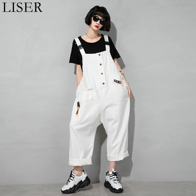 

2022 New Women'S Jumpsuits High Waist Washed Denim Strap Jumpsuit Summer Casual Wide Leg Nine-Point Pants White Black LL1152