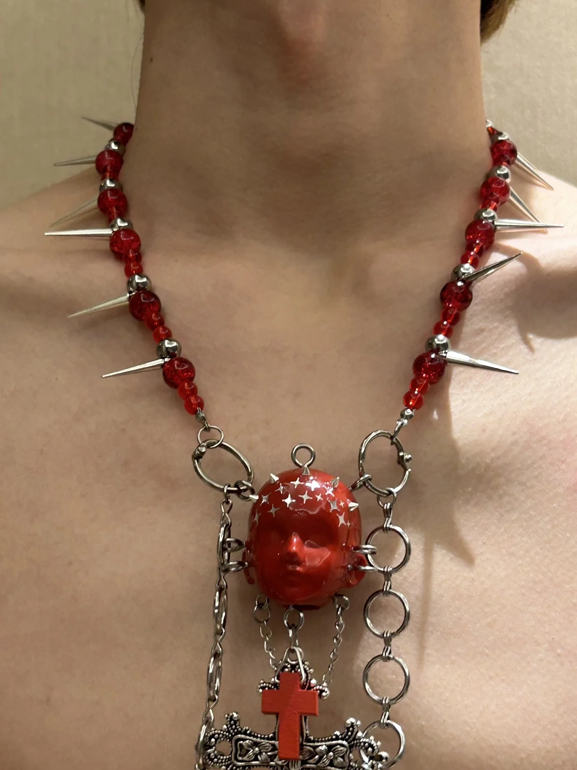 [Cow Toy] Red Blood Colored Glaze Beaded Baby Head Necklace