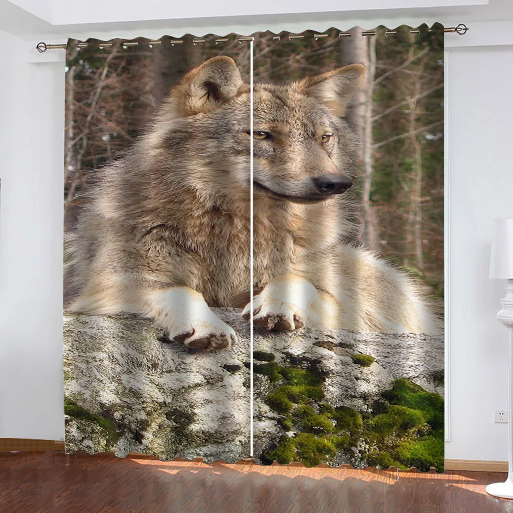 Customized Bedroom Curtains Jungle Animal Wolf Rod Pocket Wooden Door Printed Living Room Curtain For Home Decor Treatment