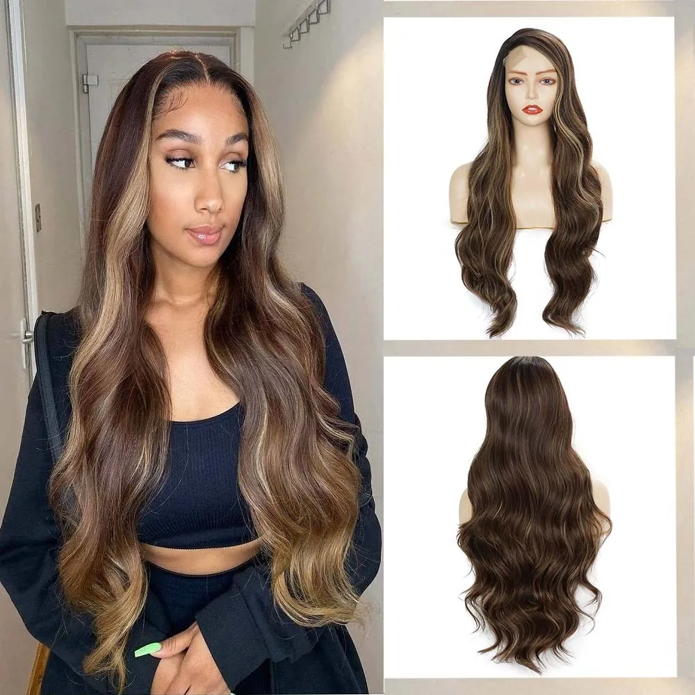 

Brown Wave Synthetic Lace Wig Highlight Brown Long Wave Lace Wigs with Pre-Plucked Natural Hairline for Women HD Transparent Wig