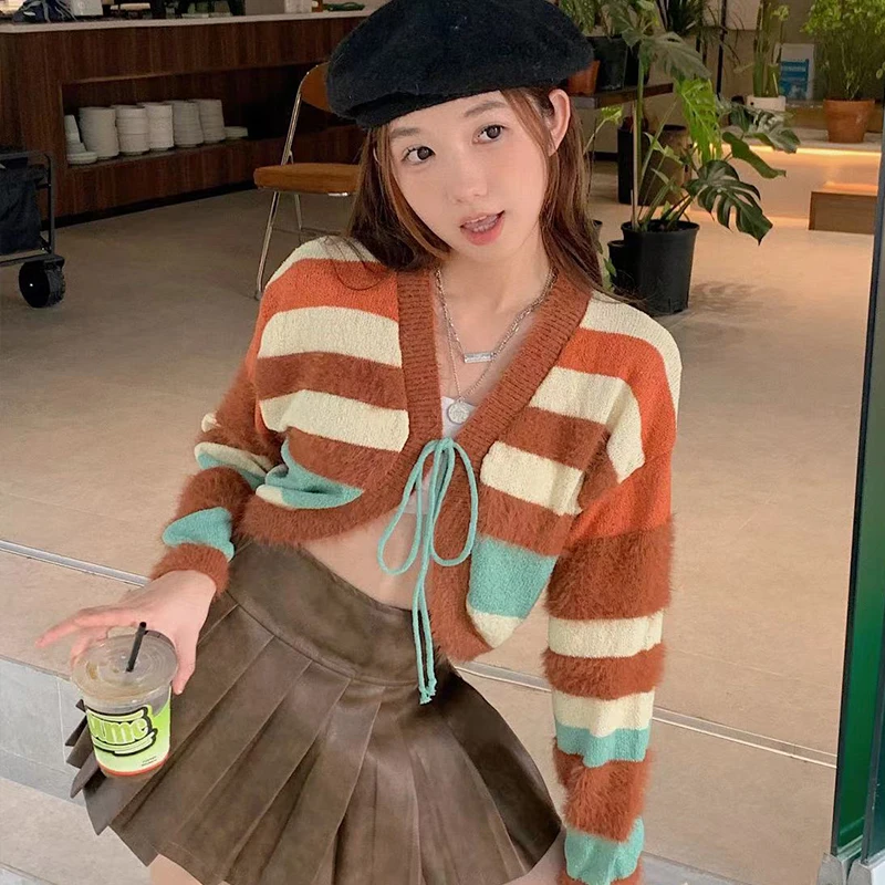 

Women Striped Cardigan Sweater 2023 Autumn Lady V Neck Lace-up Long Sleeve Casual Jumpers Soft Sweters Korean Fashion Streetwear