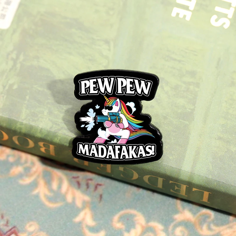 PEW MADAFAKAS! Enamel Pins Cool Chicken Cat Killer With Guns Metal Brooches Lapel Hat Badges Funny Jewelry Gift for Friends