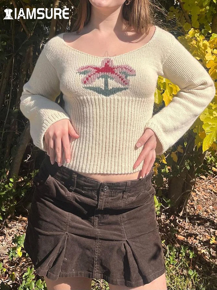 

IAMSURE Vintage Basic Slim Printed Cropped Sweaters Casual O-Neck Long Sleeve Knitted Pullovers Women 2023 Autumn Winter Fashion