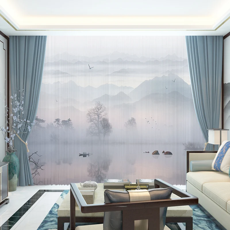 

Custom Chiffon Sheer Curtain Window Drape for Bedroom Living Room Mountain Hills River Boat Trees Landscape
