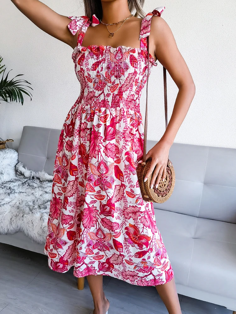 

Платье женское длинное с квадратным вырезом, модное повседневное приталенное, с оборками на рукавах, с цветочным принтом, весна-лето