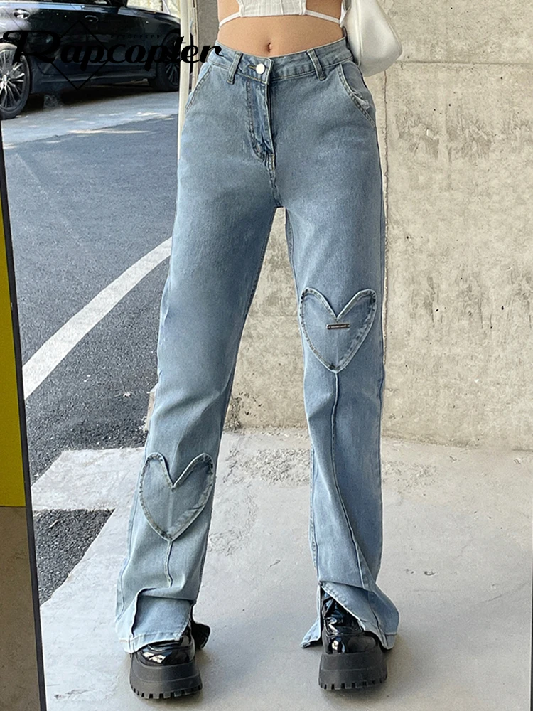 

Симпатичные прямые джинсы Rapcopter y2k в форме сердца с низкой талией, уличные штаны из Fairycore, женские винтажные Модные Повседневные джинсы