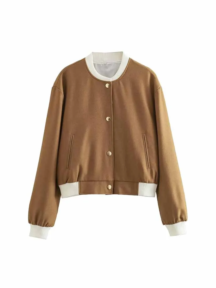 

BSK&ZA&TRF Women New Fashion Cropped Button-up flying Jacket Coat Vintage O Neck Long Sleeve Female Outerwear Chic Overshirt