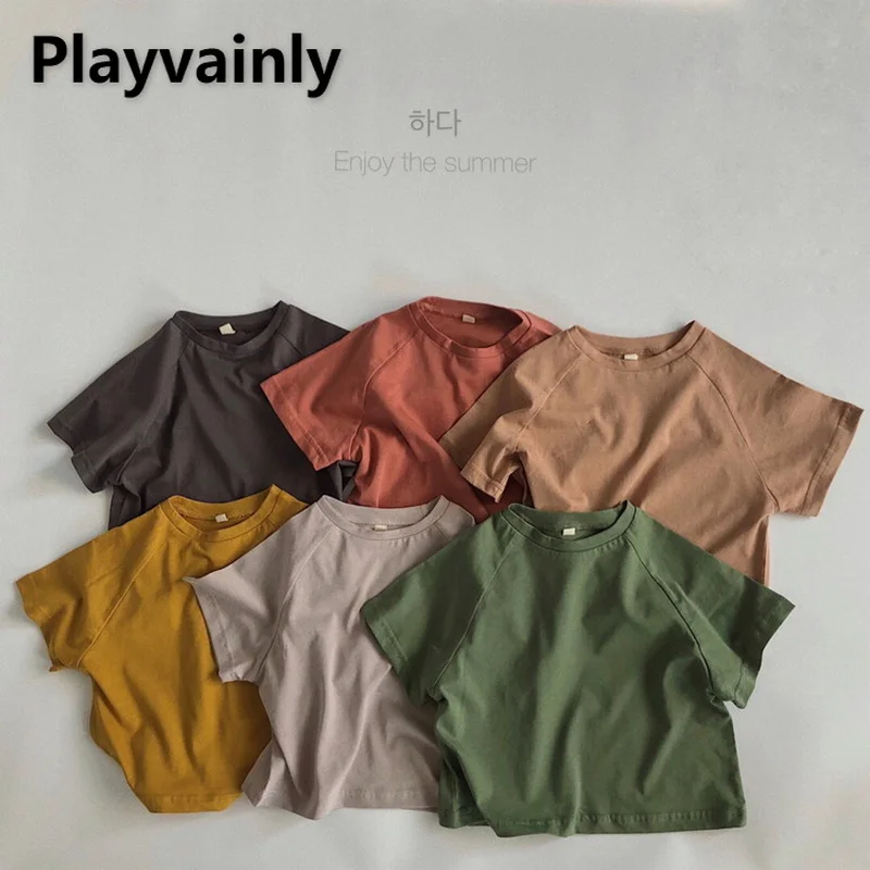 

2022 Korean Style Summer T-shirt Solid Color Bat Sleeves Rund Collar Thin Top for Children Girl Boy Clothes Bottom Shirts E1016