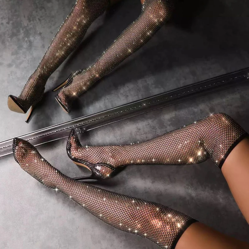 

Fashion Rhinestone Fishnet Mesh Women Pumps High Heels Socks Over-The-Knee Boots Sexy Pointed Toe Slip-On Party Shoe Black