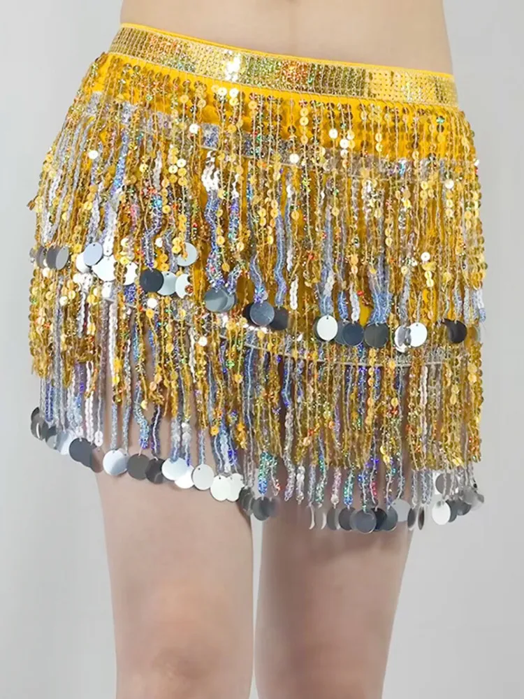 

Tassel Oriental Dancing Girl Costume Hip Scarf Fantasia Jazz Mesh Dance Woman Urban Latin Sequins Belly Classical Bandage Skirt