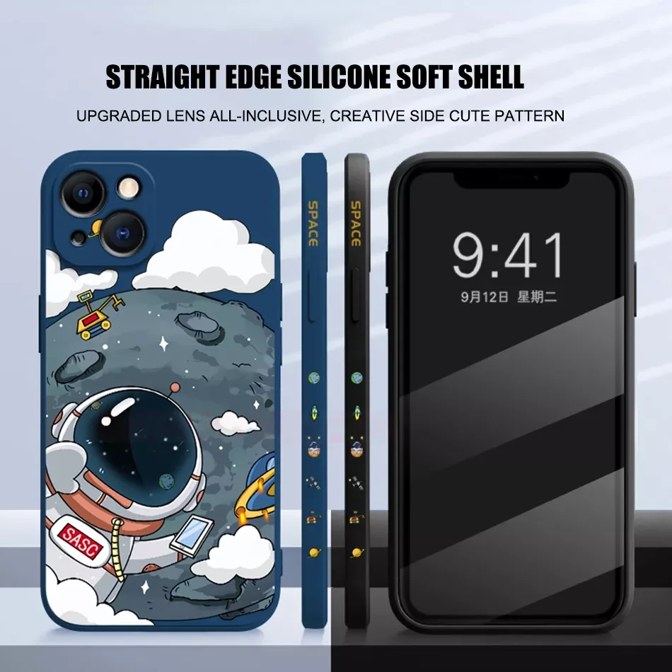 

Free Shipping Cartoon Cute Astronaut Case For iPhone 13 12 11 14 Pro Max XR XS X 7 8 6 Plus Mini Silicone Bumper Hand Lanyard Co