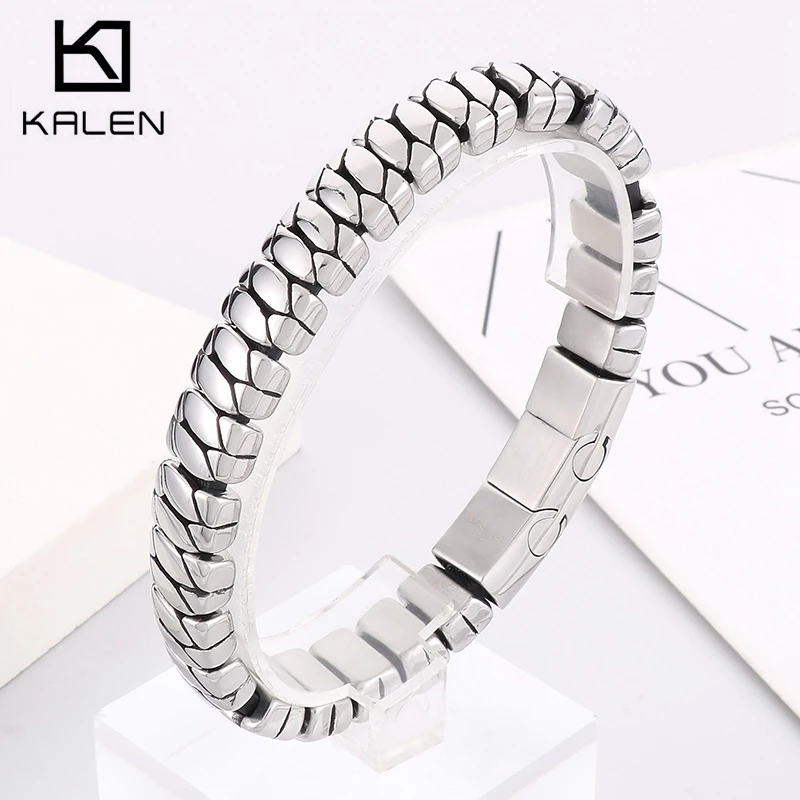 

New 12MM Wide Stone Grain Polished Stainless Steel Bracelet For Men Creative Cowhide String Metal Chain Magnetic Clasp Jewelry