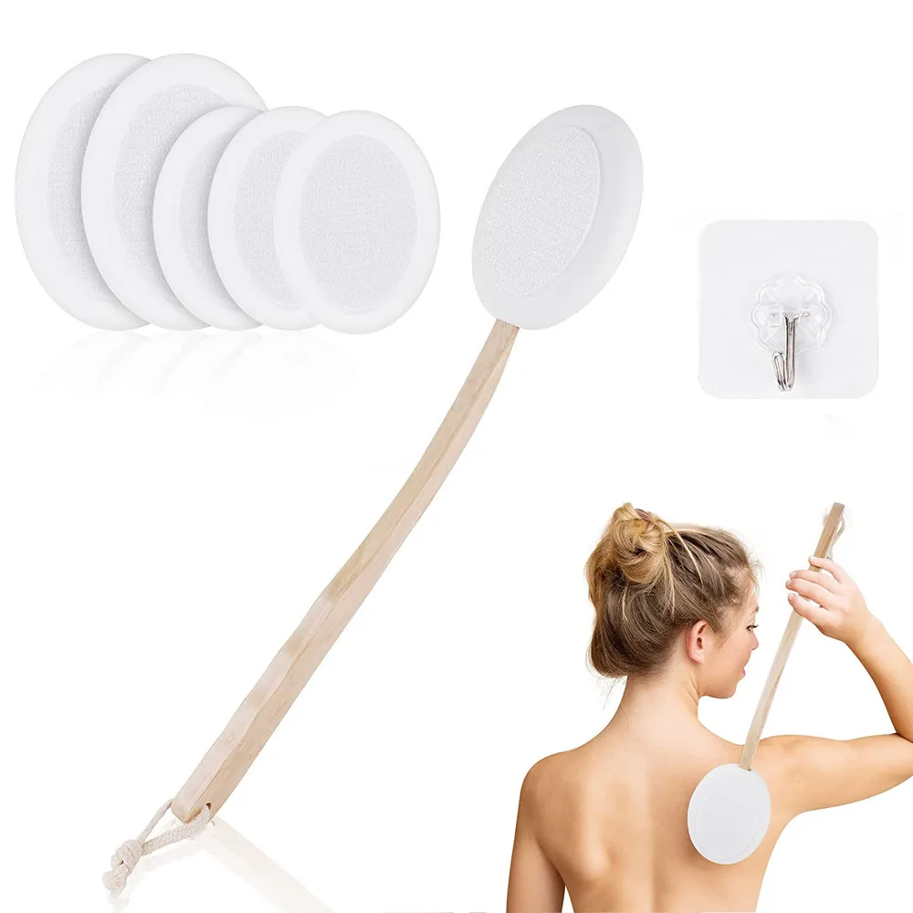 

Bath Shower Brush Long Handle Back Body Brush Rub Lotion Applicator For Back Cleaning Brush With 6 Replaceable Pads + 1 Hook