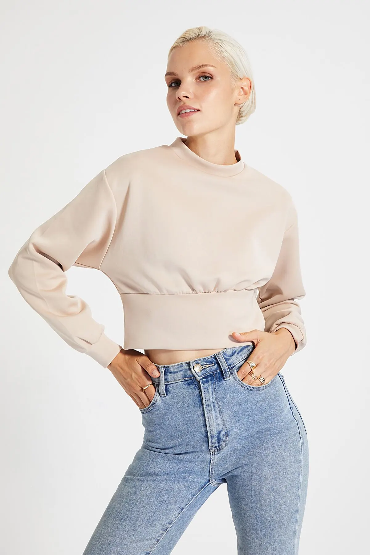 

Beige upright collar knitting sweatshirt female clothing women clothes sweatshirts hoodies for women 128300872