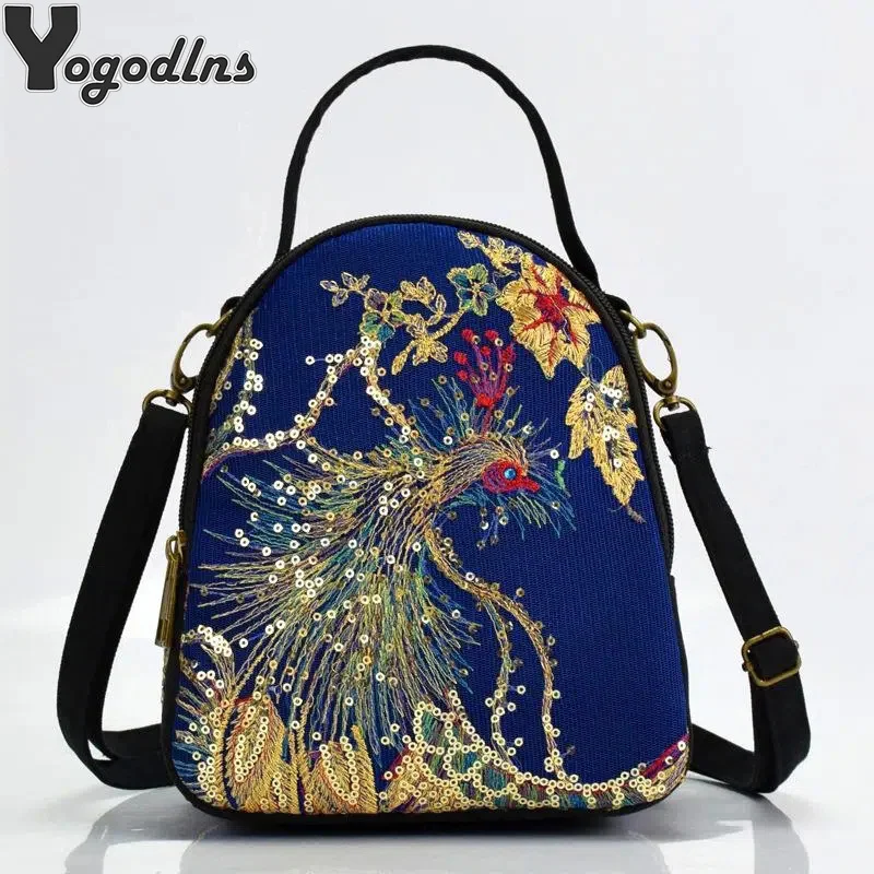 

Women Shoulder Bag Handmade Shiny Peacock Embroidered Small Crossbody Bag Retro Canvas Shopping Tote Travel Purse and Handbags