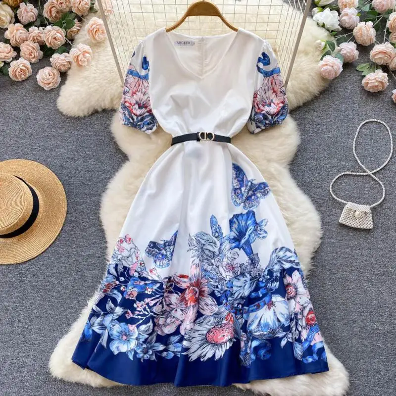 

WEIHAOBANG 2022 Summer Women's New Printed V-neck Short Sleeve High Waistband Slim Fitting Dress Medium Length A-line Skirt