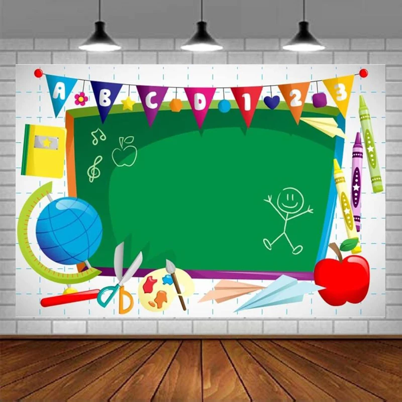

Photography Backdrop Welcome To Kindergarten ABC Letters Blackboard Watercolor Pen Airplane Globe Back To School Background