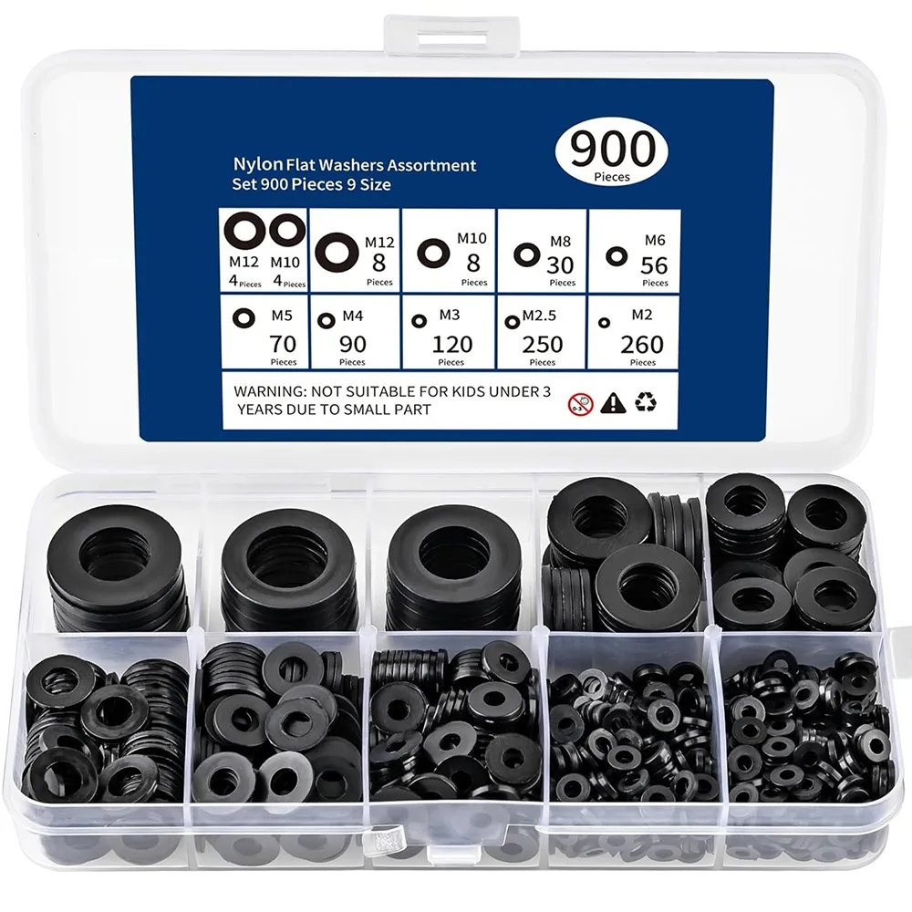 

900 шт. набор нейлоновых плоских шайб, черные пластиковые плоские шайбы для болтов и винтов M2-M12, набор винтовых шайб, уплотнительная прокладка