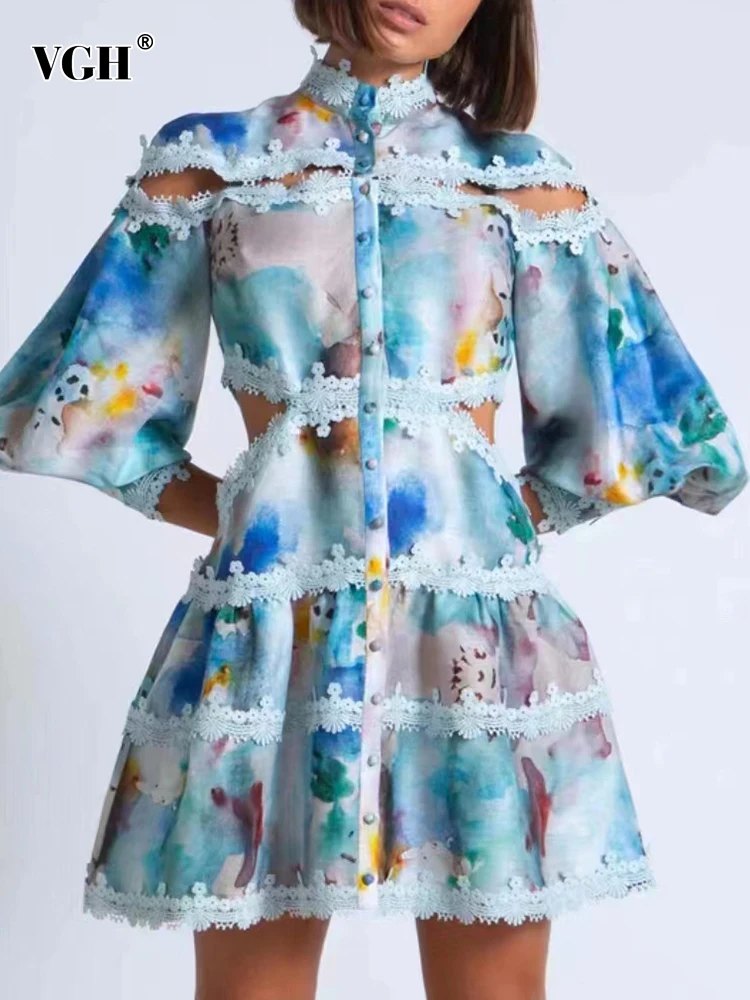 

Женское лоскутное платье с вырезами VGH, кружевное мини-платье с воротником-стойкой, коротким рукавом и высокой талией, лето 2022