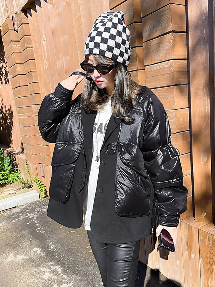 Женская зимняя парка из искусственной кожи с карманами