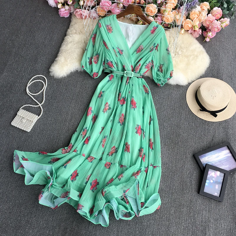 

Summer Chic Short Sleeve V-Neck Dress Lace-Up Floral Print Patchwork Dresses Female A-Line Vestidos Women Clothes Dropshipping