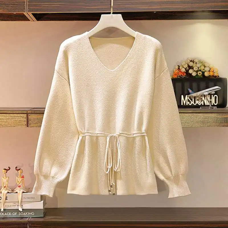 

knitted Sweater Women Bottoming Shirt Spring Autumn New V-neck Hedging Tops Large Size 4xl Drawstring Base Knit Sweater Female