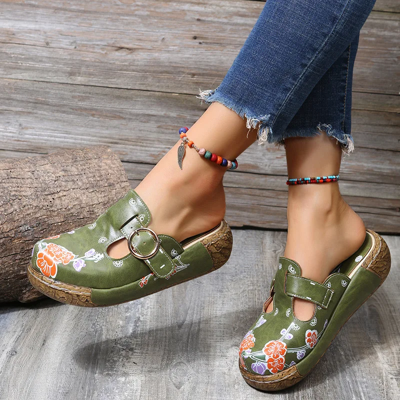 

2022 Leather Shoes Flower Slippers Handmade Slides Flip Flop On The Platform Clogs For Women Woman Slippers Plus Size 35-43