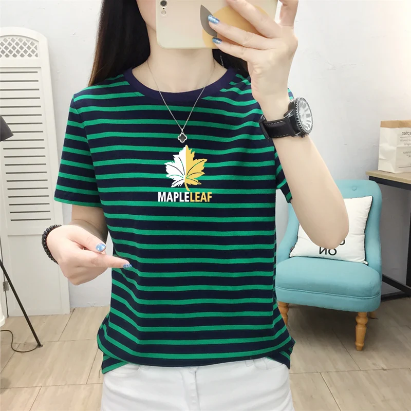 Pure Cotton Stripe Short sleeve T-shirt Women 2024 Summer New Western Sle Fashionable Print Plus size Wide Loose Shoulder F...
