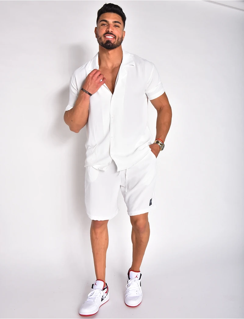 New Summer Men Cotton And Linen Casual Solid Color Short Sleeve Button Shirt Beach Shorts Two Set