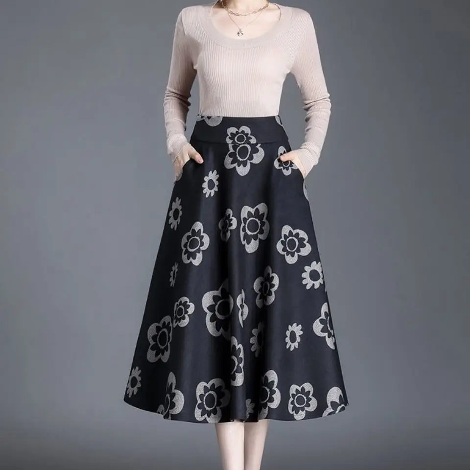 Осенняя модная свободная плиссированная юбка с принтом и эластичной талией