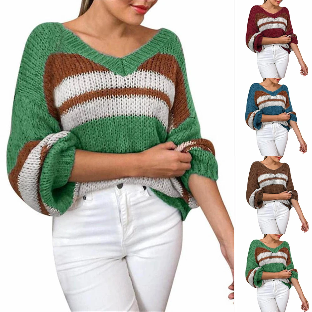 

2022 Loose Sweater Harajuku Women's V-neck Knit Long Sleeve Loose Sweater Pullover Casual Pullover Top Women's Clothing