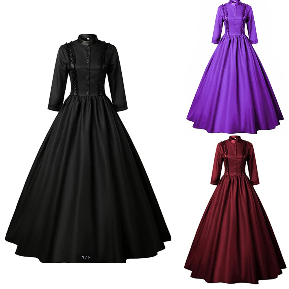 

Women Medieval Costume Victorian Dress Solid Color Turtleneck Long Sleeve Single Breasted Party Ball Gown Queen Princess Vintage