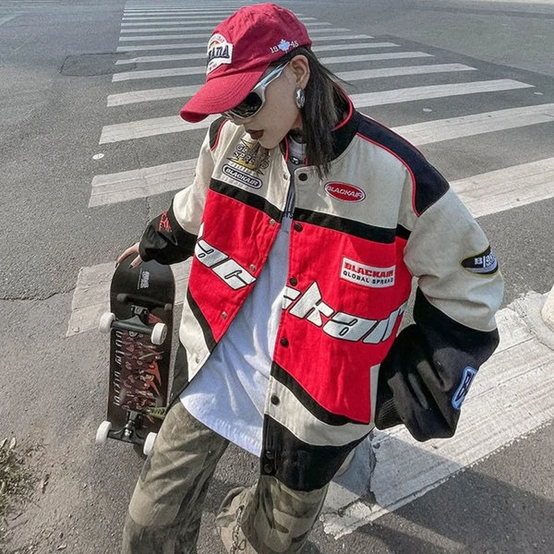 

American baseball uniform men and women spring new design sense oversize loose motorcycle clothing stitching jacket