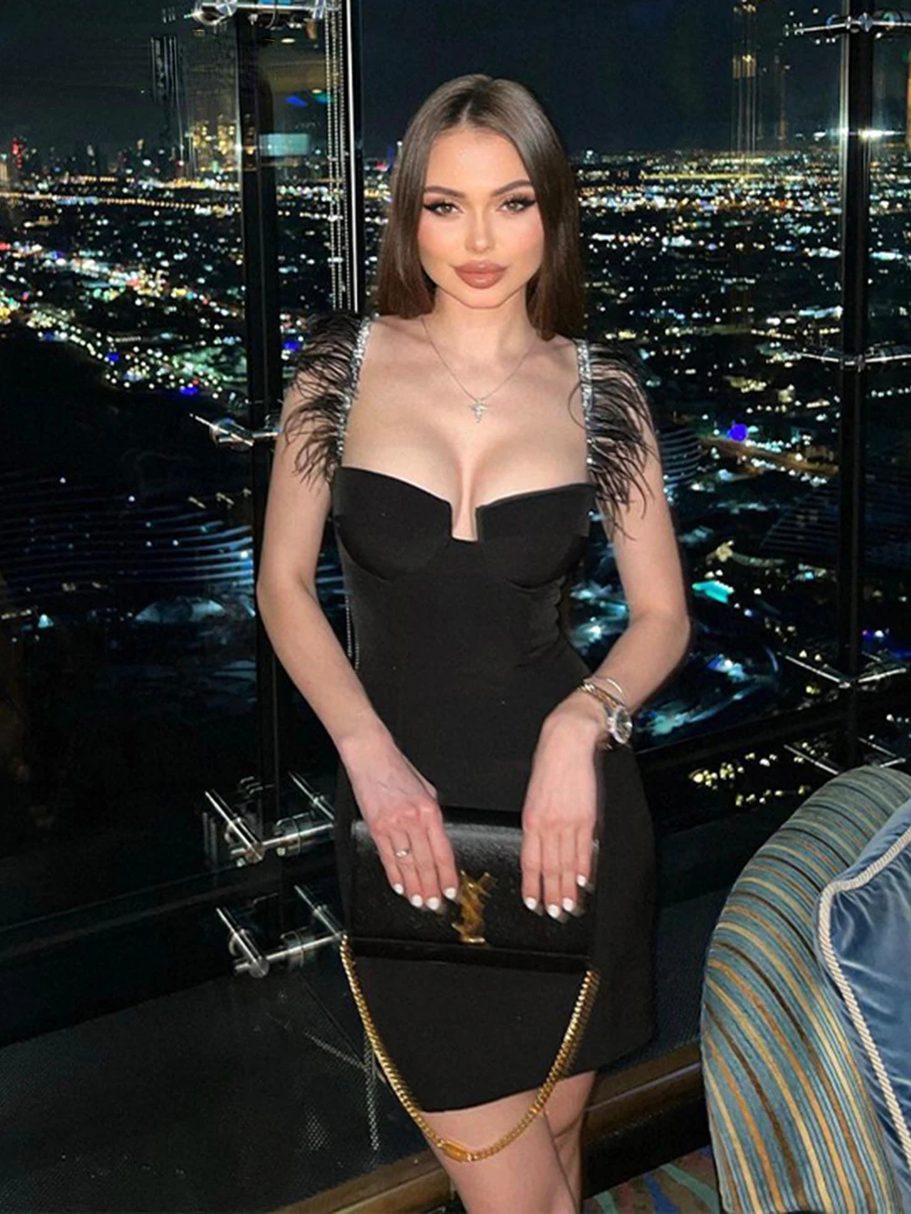 

Black Spaghetti Strap V-Neck With Diamond Feather Sexy Women's Dress Bandage Mini Dress Bodycon Celebrity Club Party Dress