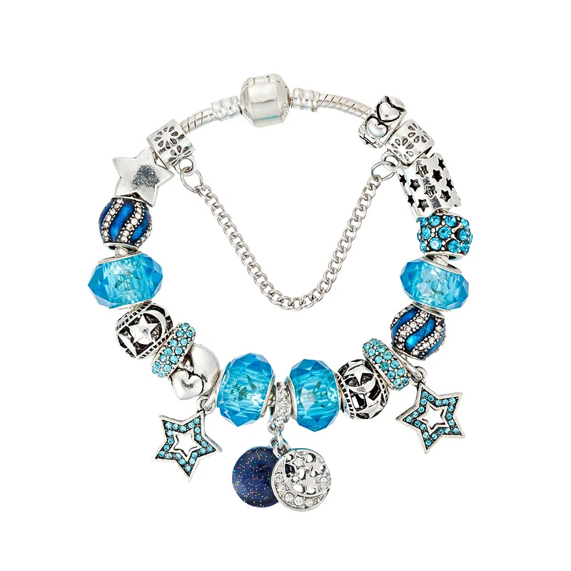 

Hot Sale Charn Bracelet European American Style Blue Crystal String Beads Bracelet Designer Charms for Bracelets In Bulk