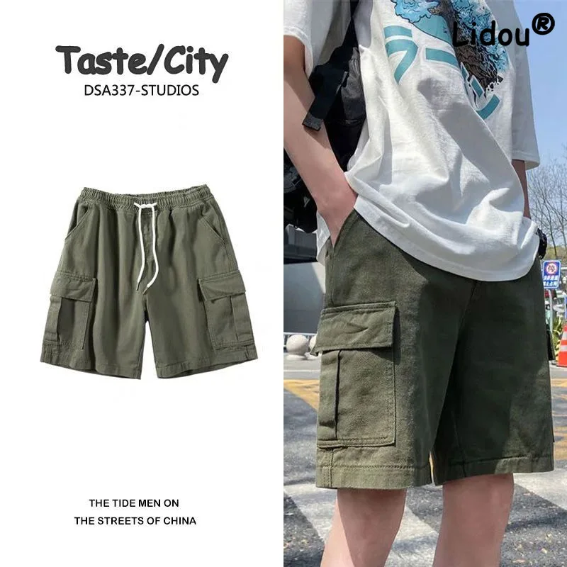 Fashion Summer Solid Color Large Pocket Men's Cargo Shorts New Classic Loose Street Casual Handsome All-match Male Short
