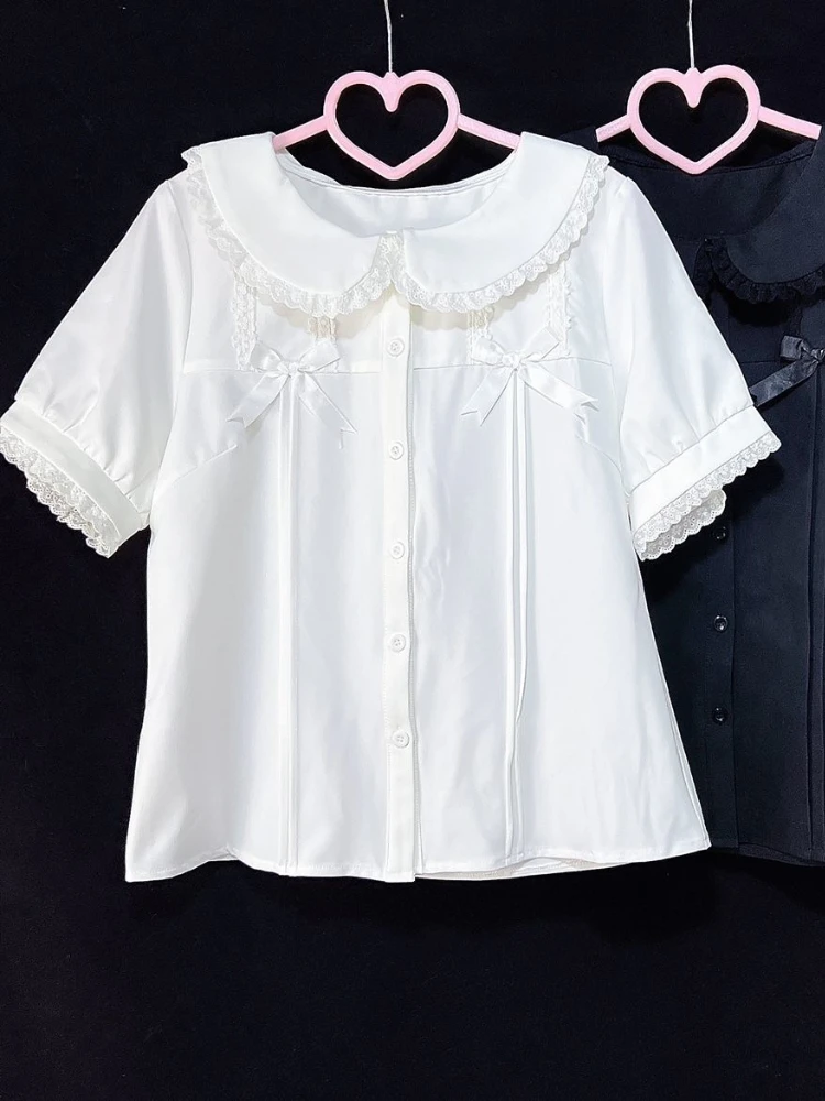 

HOUZHOU White Kawaii Lolita Shirt Women Summer Short Sleeve Blouses Sweet Cute Preppy Style Japanese Shirts Black Lace Patchwork