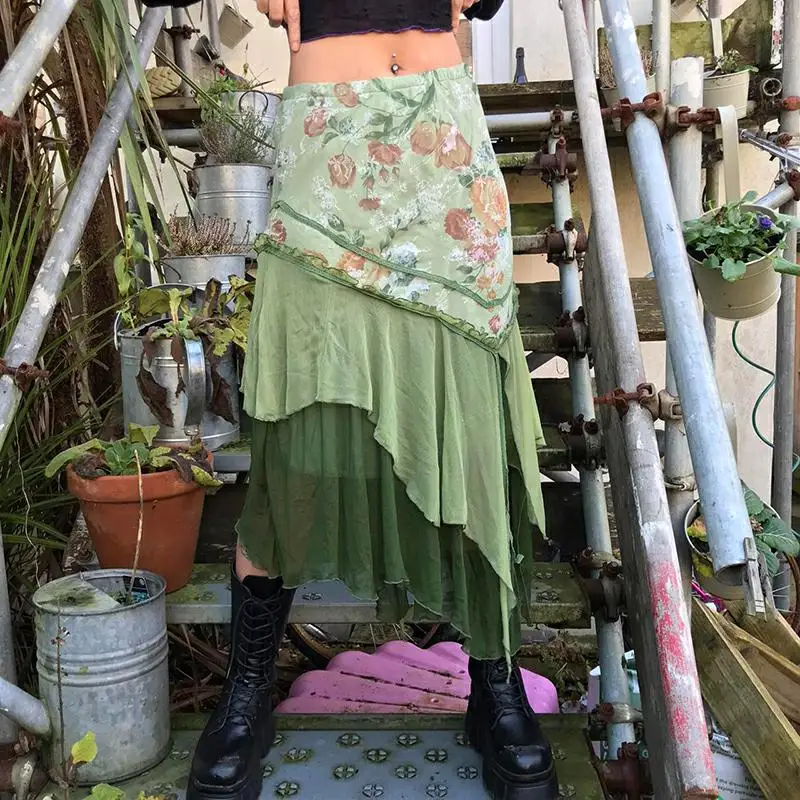 

Combhasaki Vintage Fairy Grunge BOHO Elastic Low Waist Contrast Color A-Line Layer Ruffle Swing Retro Women Harajuku Long Skirt