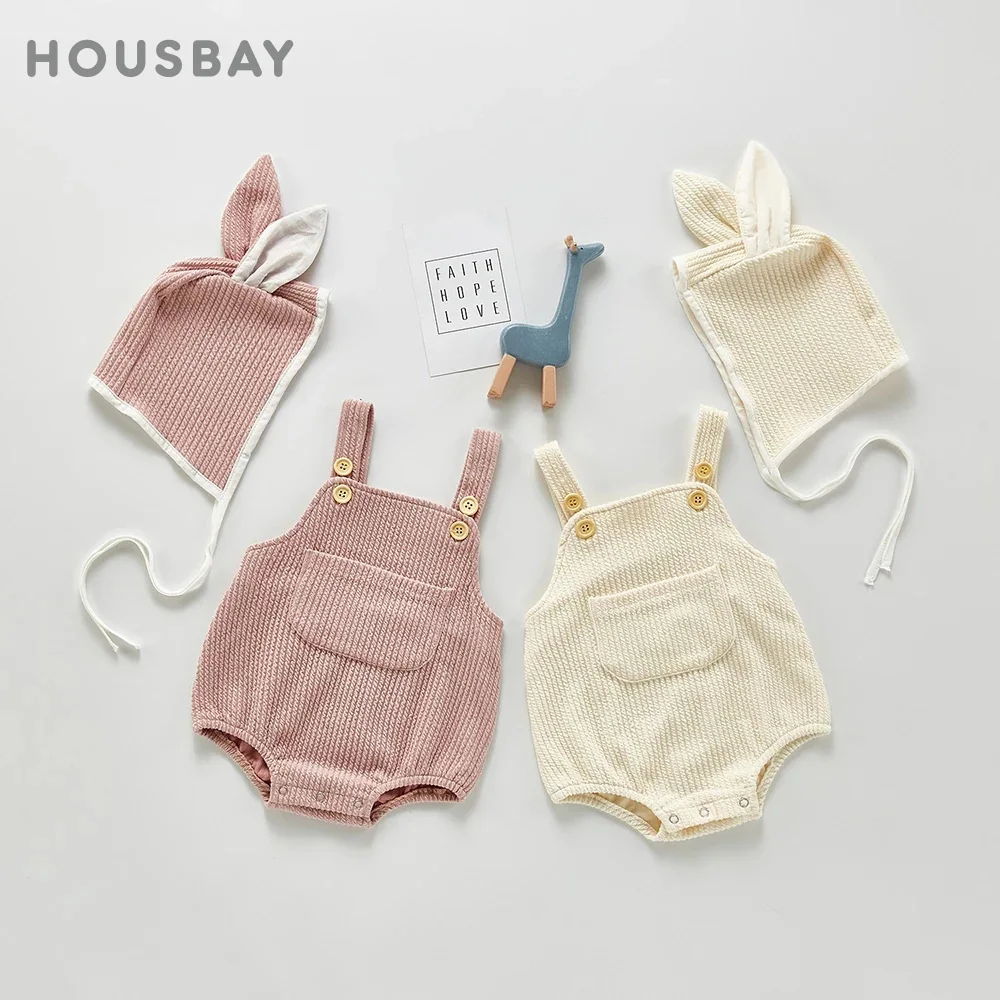 

2Pcs Baby Clothes Bodysuits Spring Beige High Quality Girl Romper Soft Cotton Vests Jumpsuit Pelele With Cute Rabbit Ear Hat Set