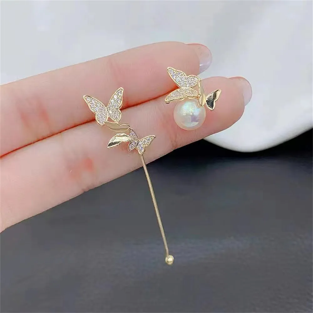 

DIY pearl earrings accessories S925 sterling silver jewelry AB butterfly earrings female empty holder Fit 9-10mm beads