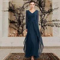 dresses for wedding woman guest chiffon 2022 summer a line floor length pleat vintage mother of the bride gown with long sleeve
