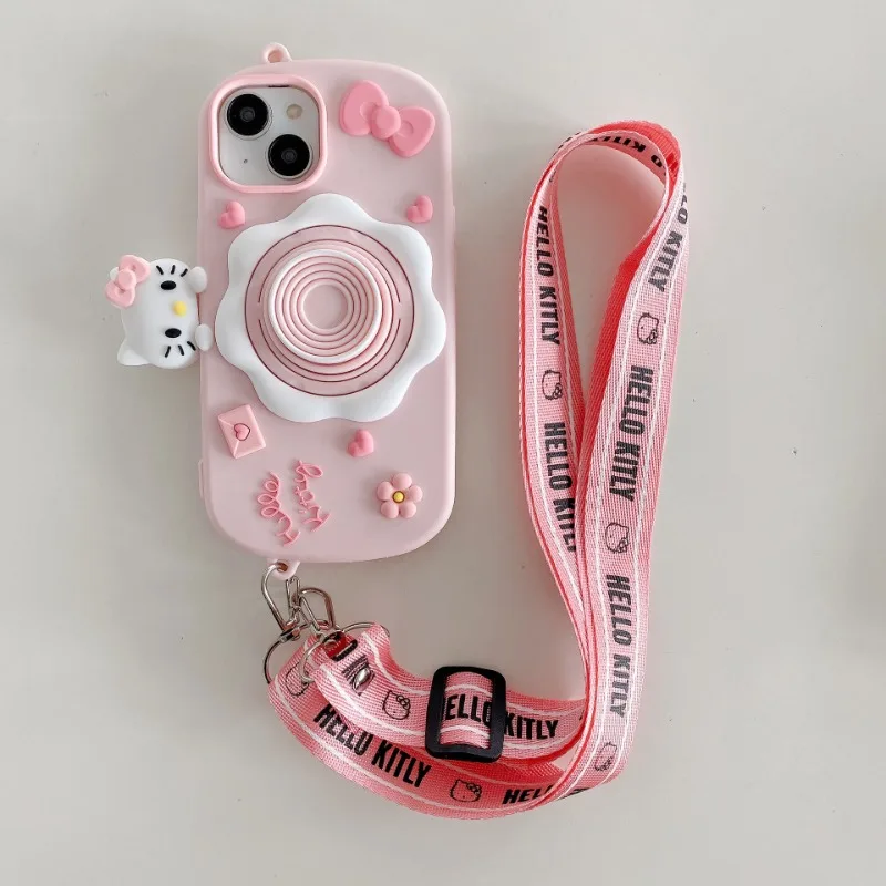 

Sanrio Anime Cartoons Hello Kitty Camera Stand Mobile Phone Protective Case Anti-drop Silicone Mobile Phone Protective Soft Case