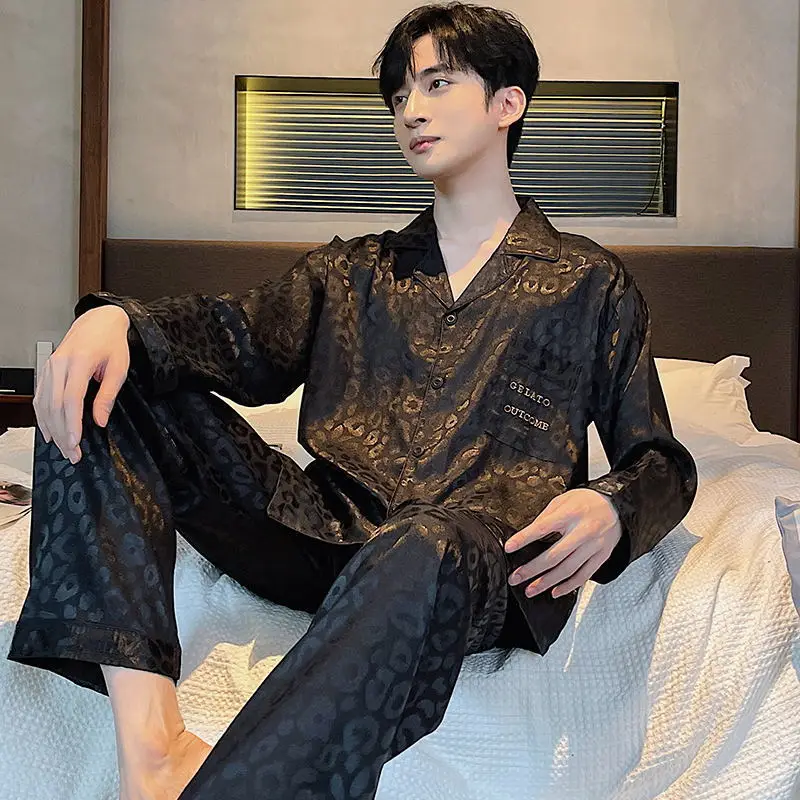 Ice silk pajamas men's new spring and autumn long-sleeved trousers men's thin loose large size youth home wear suit