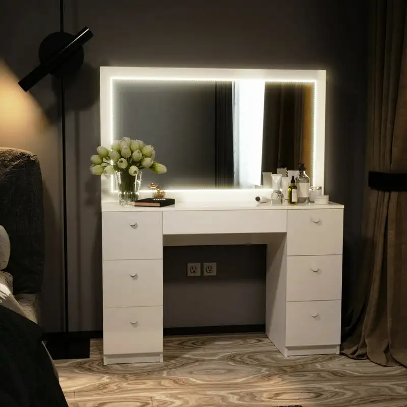 

Modern White Painted Vanity Table, Lights, for Bedroom