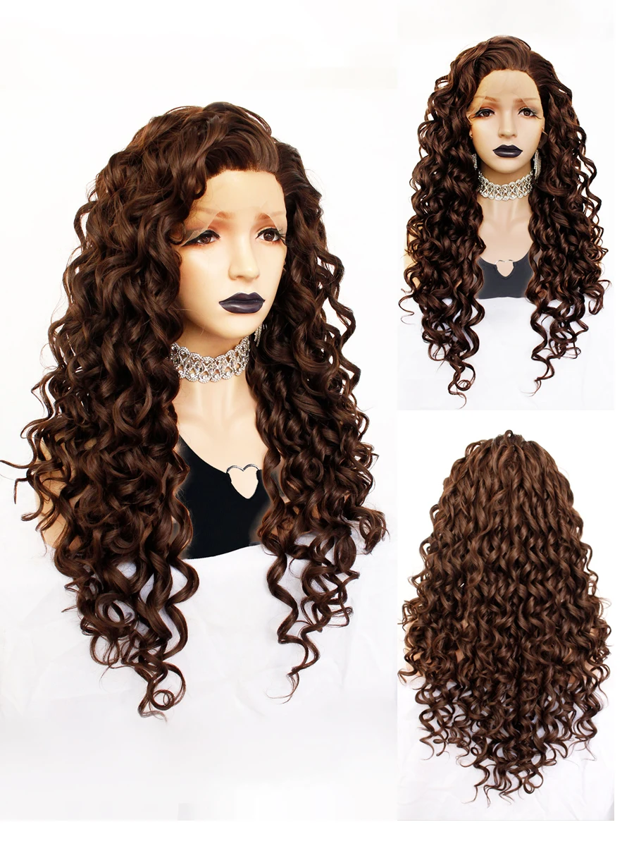 ANOGOL Synthetic Long Kinky Curly Lace Front Wig with Free Part High Temperature Fiber Natural Hair Wigs Glueless 6# Mixed 8#