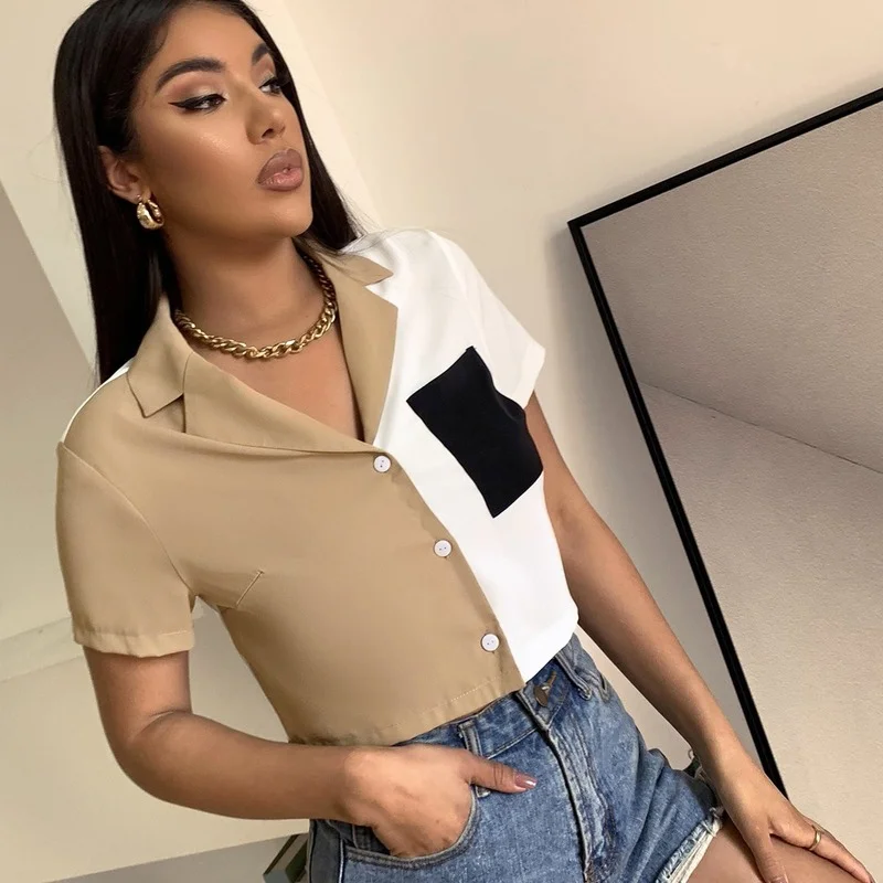 

2022 New Women's Shirts Patchwork Short Sleeve Single Breasted Lapel Casual Shirt