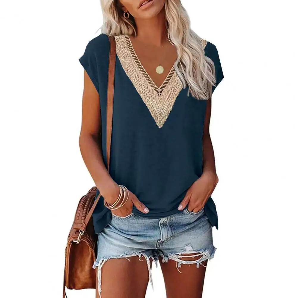 

Stylish Lady Summer T-shirt Comfortable Pullover Soft Contrast Color Lady Summer T-shirt Women Summer Top Match Pants