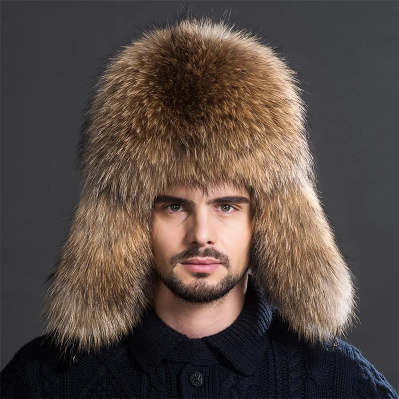 100% Real Fox Fur Men's Hat Russian Pilot Catcher Snow Ski Cap Earmuff Cap Winter Raccoon Fur Pilot Hat