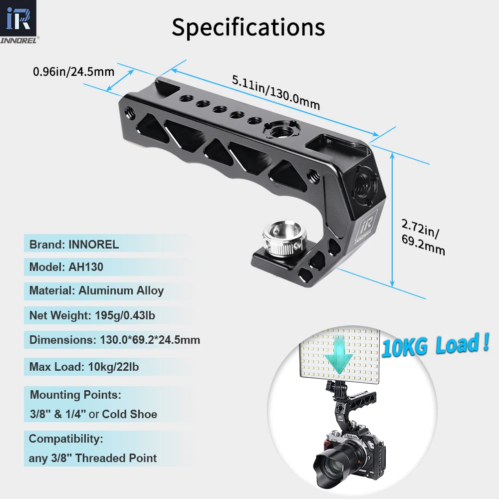 Фото Рукоятка INNOREL AH130 с креплениями ARRI 3/8 дюйма, комфортная эргономичная рукоятка из алюминиевого сплава с ЧПУ для камеры-кейса, максимальная нагрузка 10 кг №2