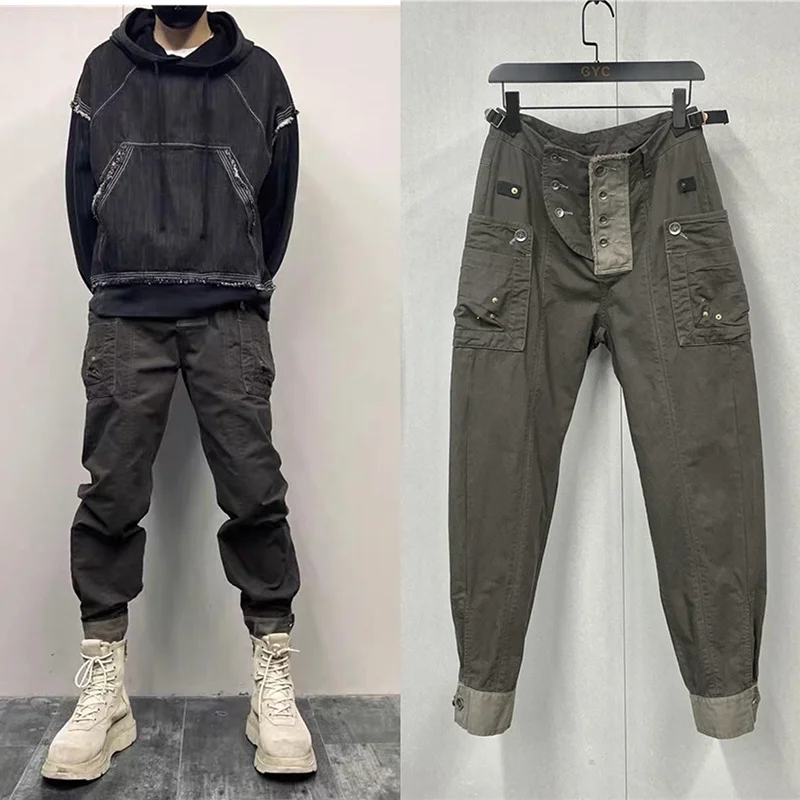 Vintage Washed Casual Cargo Pants Spliced Pockets Workwear Trendy Military Safari Style Leggings Men's Trousers